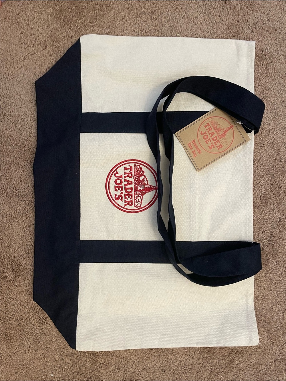 Trader Joe's Canvas Tote in White and Navy with Red Logo
